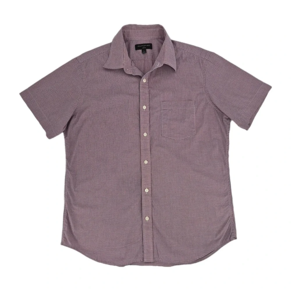 Banana Republic Men's Red Blue Gingham Check Short Sleeve Button Up Shirt‎ Sz L